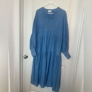 PIPER Denim Tiered 100% Organic Cotton V- Neck Maxi Cottagecore Dress, Size 16